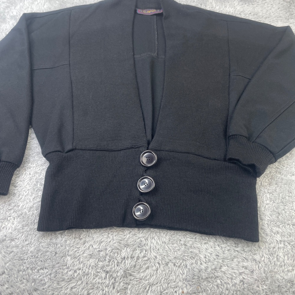 Vintage Cardigan Sweater Womens M 80's Black Dolman Sleeve Cinched Waist Ribbed - Picture 3 of 8